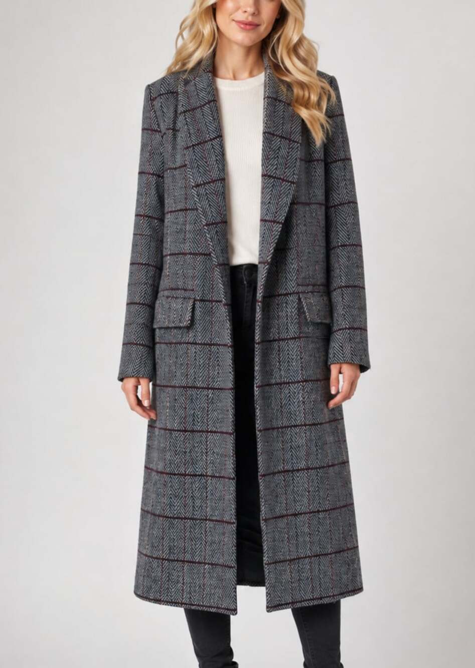 Glamorous Grey Plaid Herringbone Longline Coat - Size US 4